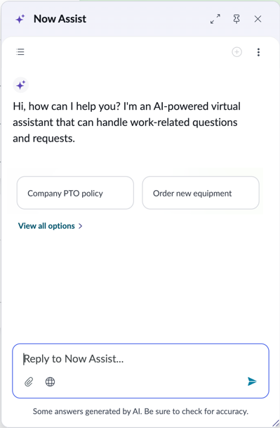 Now Assist greeting the user with a View all options link.
