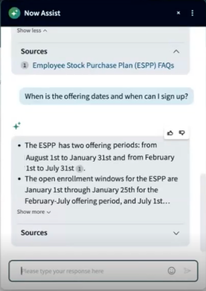 Fully streamed response example showing six lines of text before the Show more link and Sources section.
