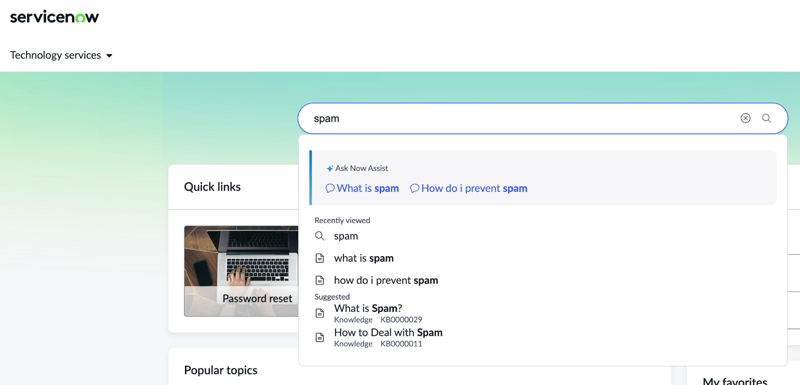 Type-ahead portal search for what is spam.