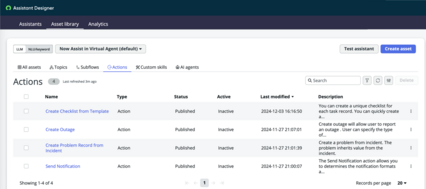 Actions tab inVirtual Agent Designer Asset library that displays basic information about conversational actions in a list.