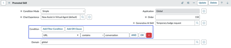 Temporary badge request record with Condition builder highlighted.