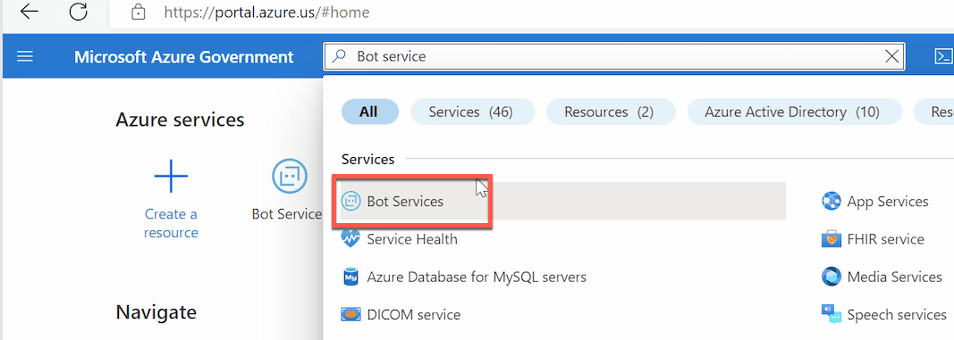 Microsoft Azure portal, with Bot Services feature highlighted.
