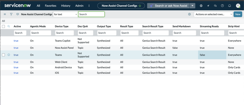 Now Assist Channel Configs table with Teams Device Type entry highlighted.