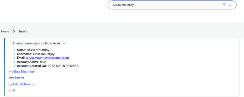 People results appear in the synthesized response on the portal's search results page and provide details such as the person's name, position, location, and email.
