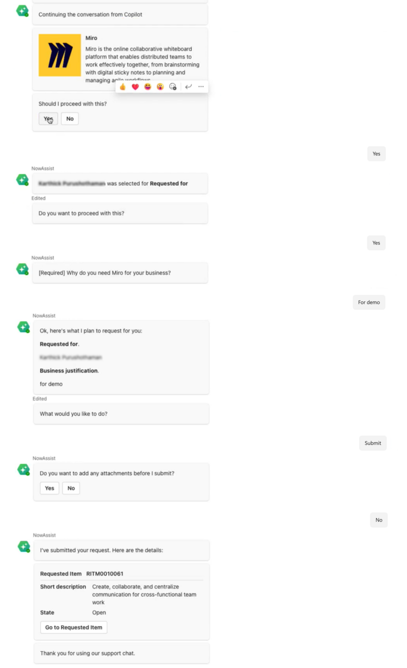 仮想エージェントCopilot会話を続行して、要求の送信を完了します。