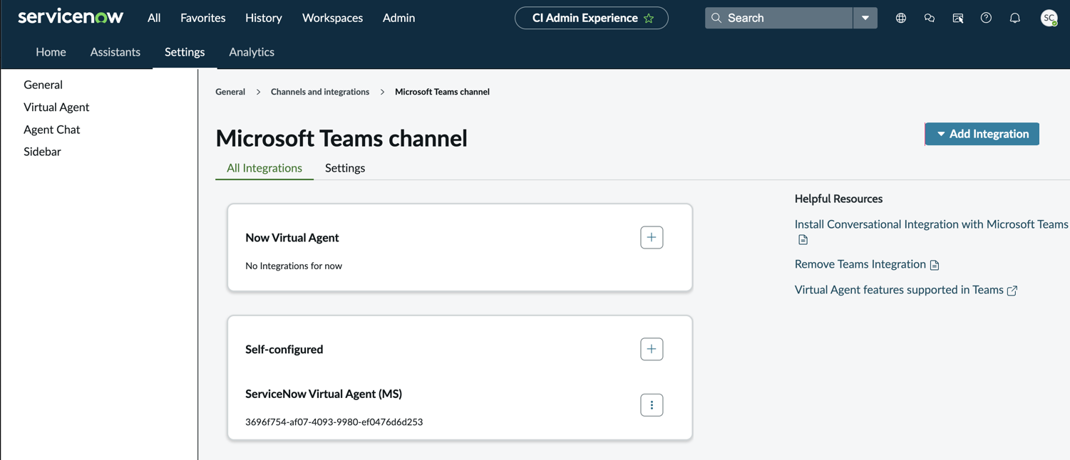 Use the Microsoft Teams channel page in Conversational Interfaces Channels and Integrations to create and manage app settings.