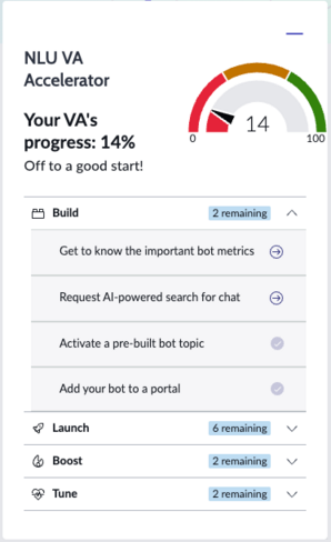 Expand the NLU VA Accelerator progress panel to review settings that have not been configured.