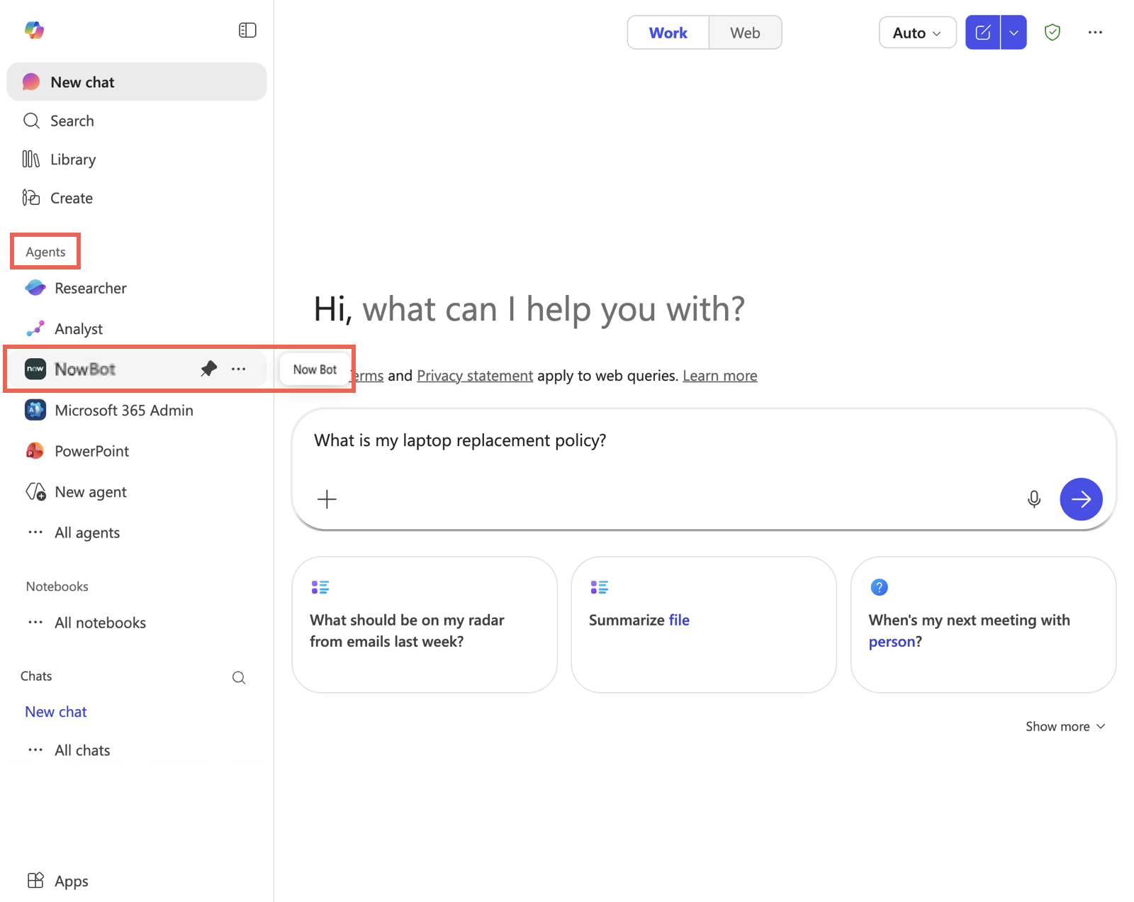 Select your bot to interact with it directly within Copilot.