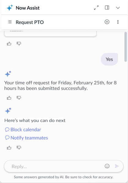 ブロックカレンダーと通知のチームメイトの推奨アクションは、[次にできること] ヘッダーの下に表示されます。