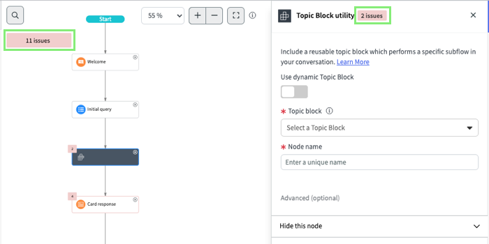 Virtual Agent Designer Flow tab view with incomplete properties. Number of incomplete nodes is shown in the canvas. The sidebar and each node show the number of incomplete entries.