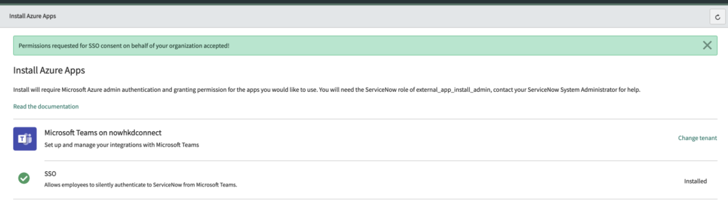 Install Azure Apps portal showing SSO is installed.