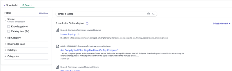 Order a laptop search results appear in the Search tab of the full-page experience.