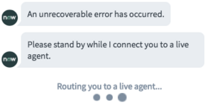 The Virtual Agent chat window displays, "An recoverable error has occurred. Please stand by while I connect you to a live agent."