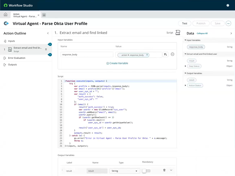 Workflow Studio integration hub page, showing profile parser action with code snippet example.