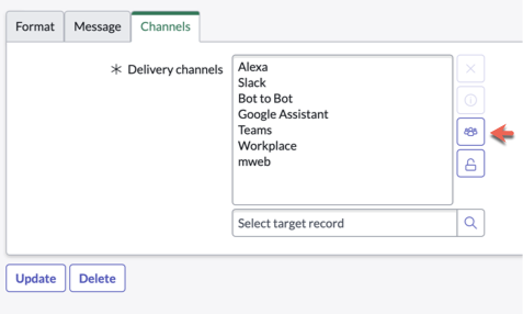 The Add/Remove multiple icon is highlighted next to Delivery channels on the Channels tab.