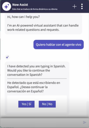 Virtual Agent detects an utterance in Spanish and asks the user if they want to switch, in both English and Spanish.