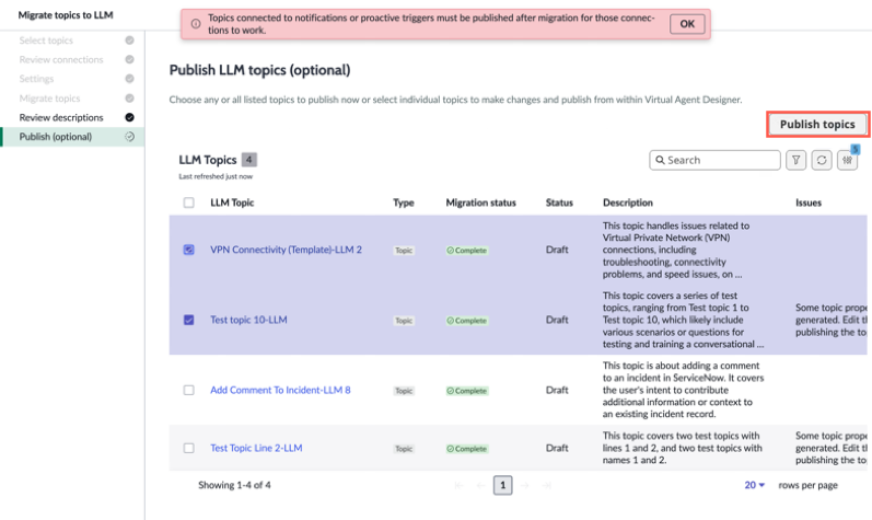 The Publish topics option becomes available after you select LLM topics for publication.