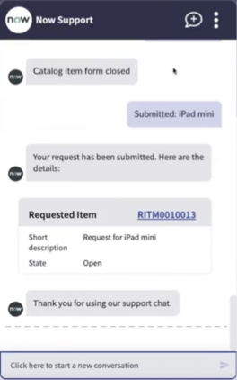 The Virtual Agent shows you a link to a record for the item request.