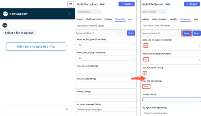 Edit variables in the topic's nodes.