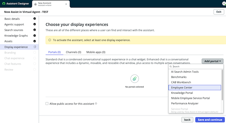 Select a portal for where you want your assistant to appear.