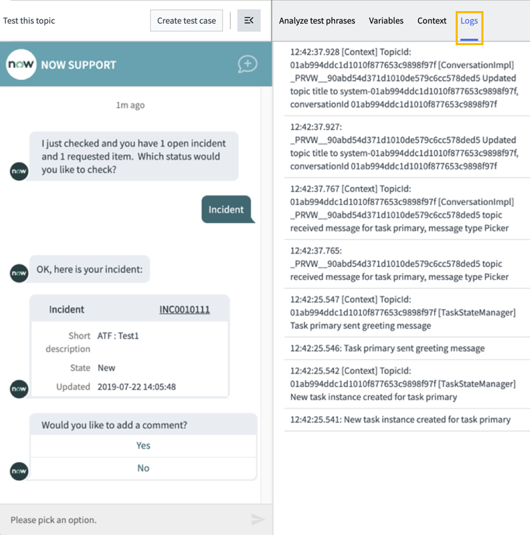 Example Chat test window with Logs tab displayed.
