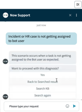 Bot responses for this flow include Yes, Back to Searched result, Search KB, and Search again.