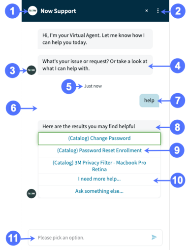 UI features in the chat window include the logo, menu icon, avatar, bot bubble, timestamp, chat background, user bubble, etc.