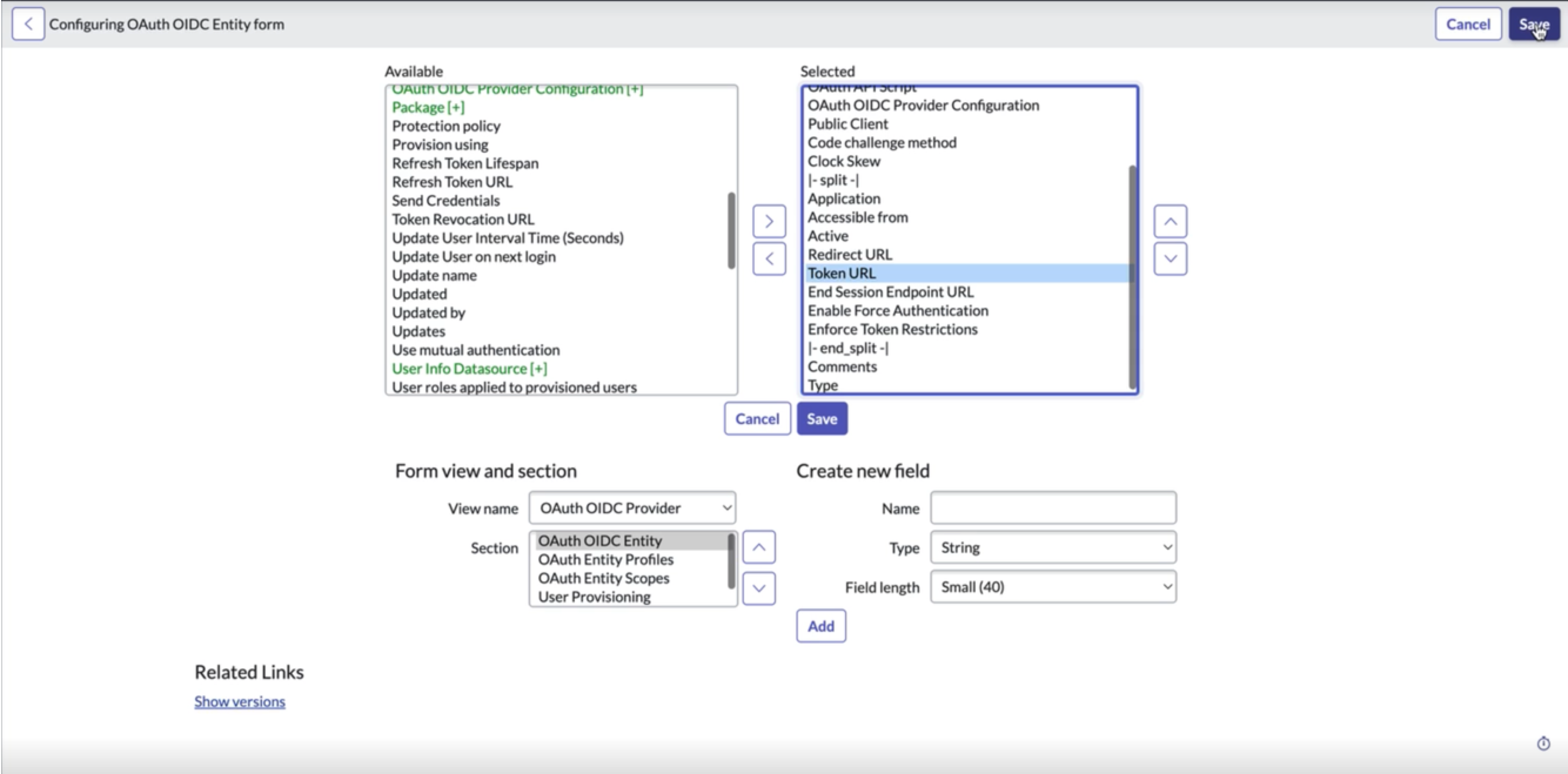 OAuth OIDC Entity form configuration page, with Token URL option selected