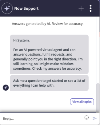 View all topics shows all Virtual Agent Designer topics.
