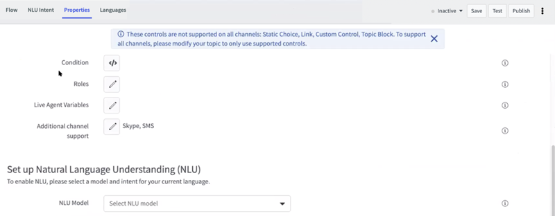 Virtual Agent Designer topic properties page with defined channels.