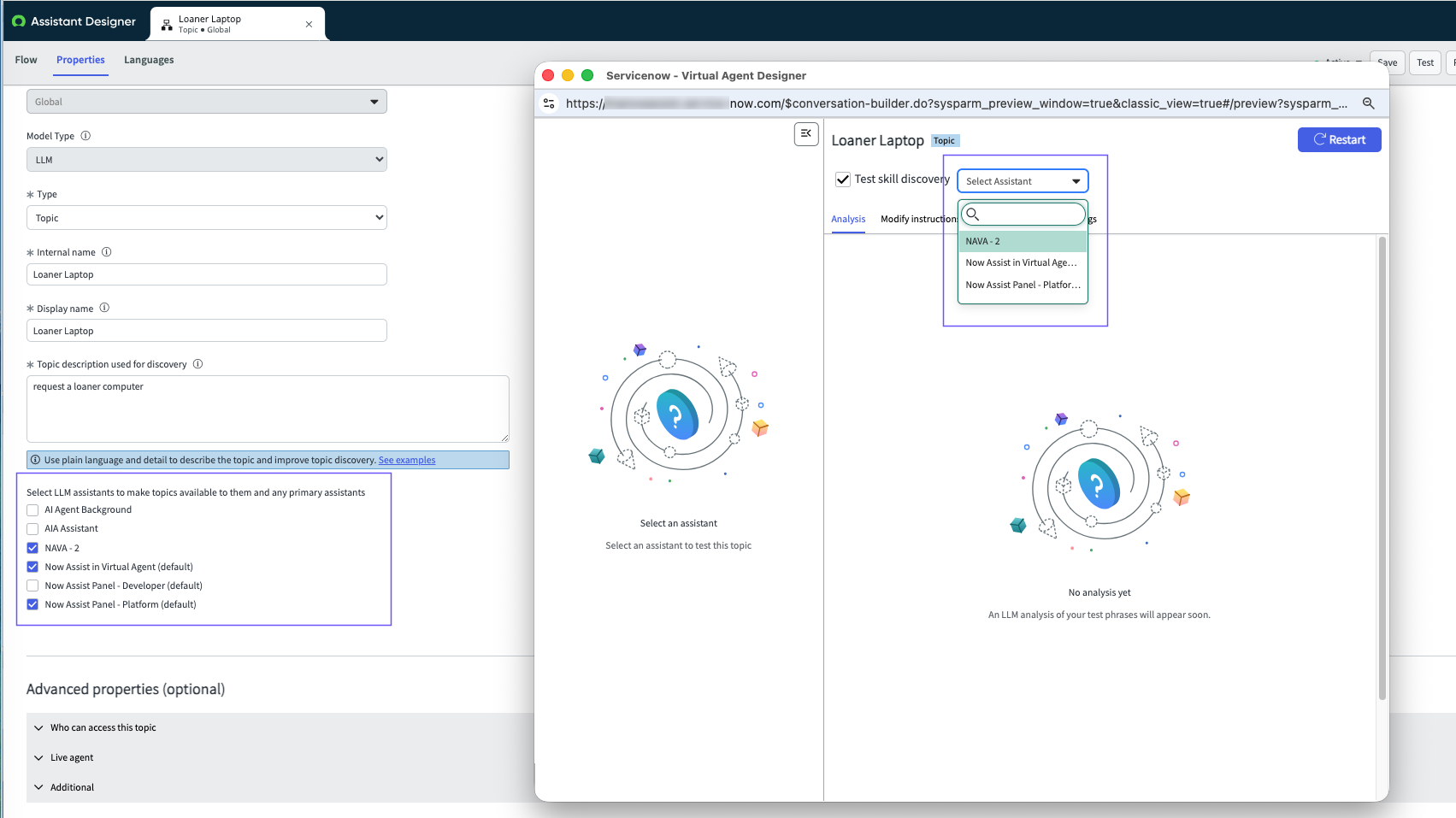 Add assistants in the Properties tab, followed by the Test skill discovery check box in the topic testing window, to select an assistant in the drop-down window.