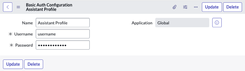 Basic Auth Configuration form for IBM Watson Assistant assistant profile.