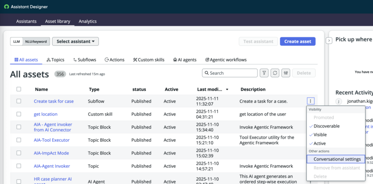Conversational settings for an asset in the Asset library.