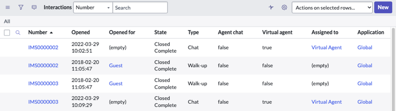 Key fields in the Interactions table, such as the Virtual Agent and Agent Chat fields that indicate the type of conversation.