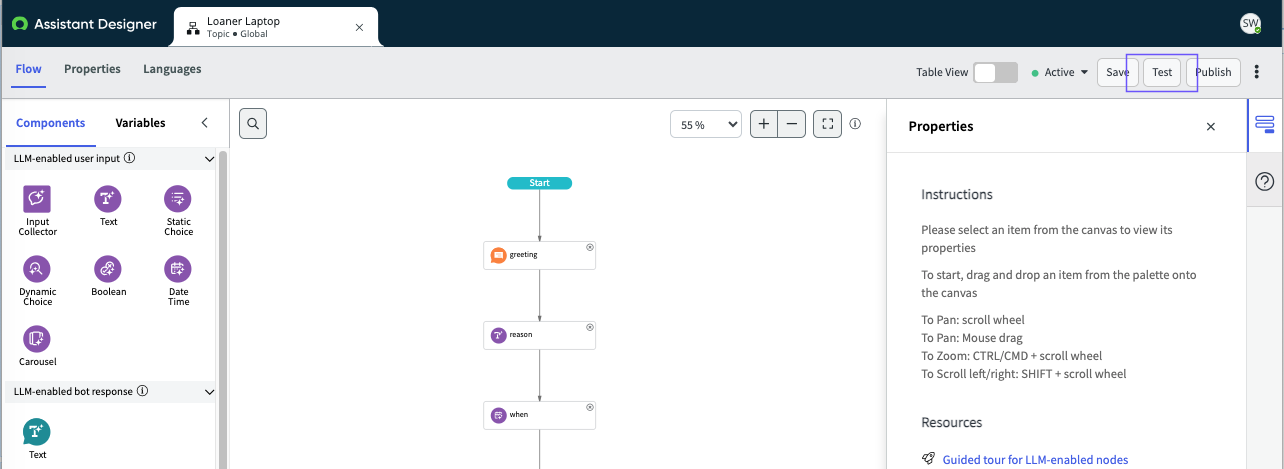 Assistant Designer Asset library list and topic canvas views. Test options on both are highlighted.