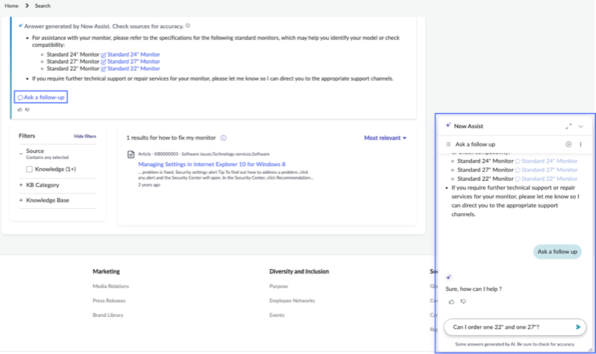Ask a follow up from the portal's synthesized response leads to a Virtual Agent chat where you can enter additional content.