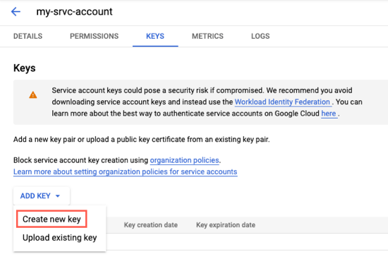 The Add Key option is on the Keys tab for the service account.