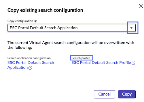 Drop-down list with search configurations.