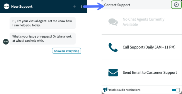 The Support options menu lets users talk to a live agent if available, call or email support, and change notification settings.