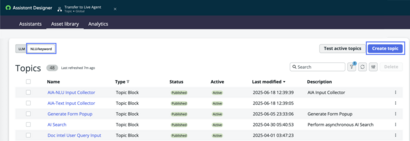 Assistant Designer Asset library set to NLU/Keyword view, with NLU/Keyword selection switch and Create topic button highlighted.