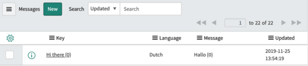 A translation record in the Message table displays the Key column, language, translated Message, and the date the record was updated.