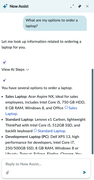 Summary of the laptop options along with catalog options to either Go to request or Start request in the Virtual Agent.