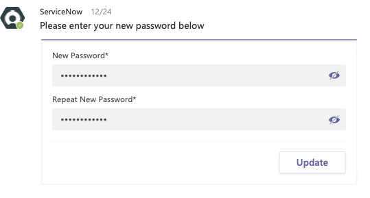 When the user enters their password in a Microsoft Teams conversation, the characters are hidden by dots.