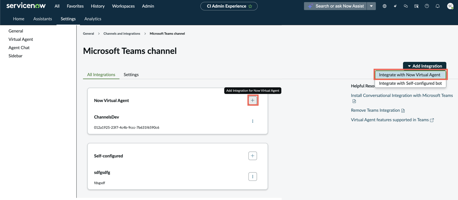 Manage Microsoft Teams channel view in Conversational Interfaces general settings. The Add integration for ServiceNow Virtual Agent icon and the Integrate with ServiceNow Virtual Agent add integration selection are highlighted.
