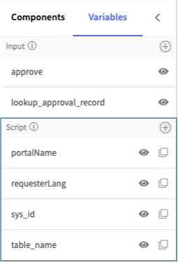 Sidebar in theAssistant Designer canvas for manually adding script variables that are used in topic scripts.