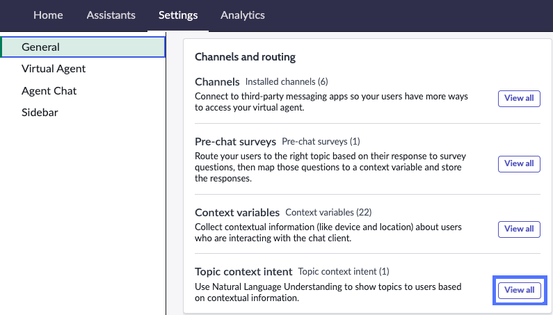 General Chat settings Channels and routing tab, with View All button highlighted in Topic context intent card.