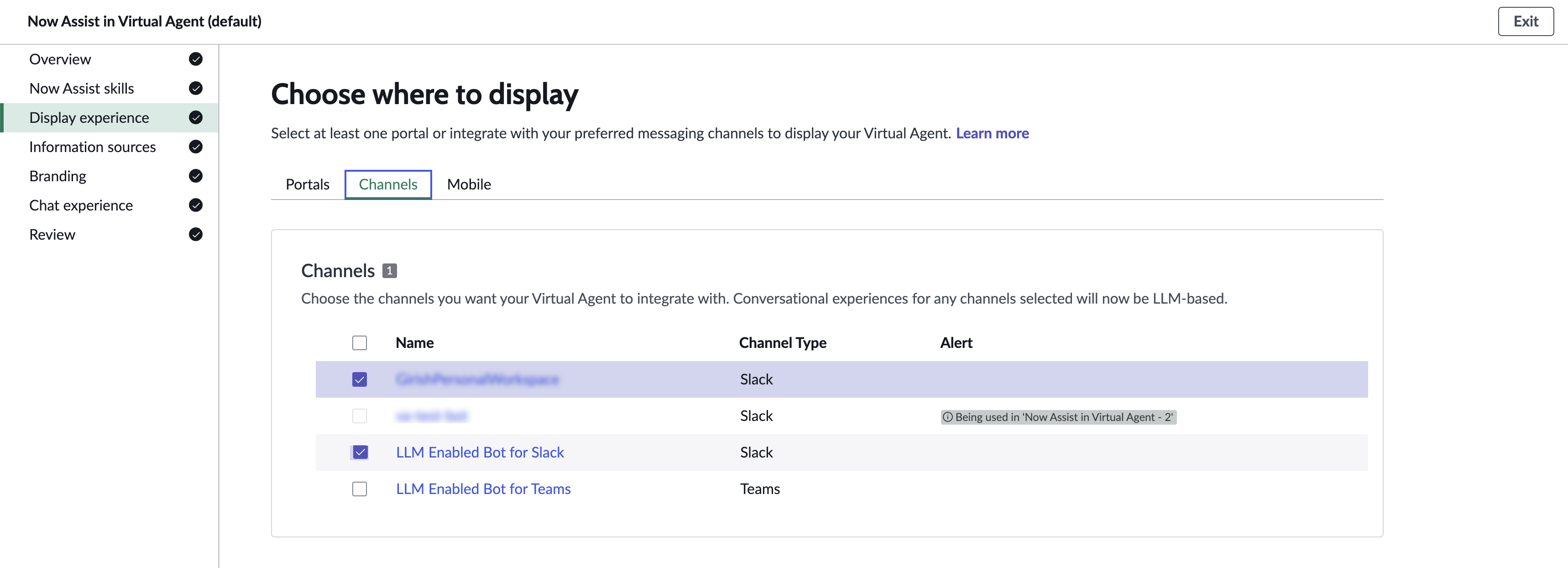 Select the Slack channels for LLM conversational experience with Now Assist.