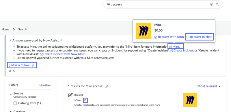 Portal search page results with entry points into chat.