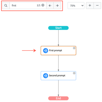 Node search, showing highlighted node in flow and highlighted search bar.