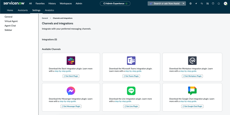 Channels and integrations in the Conversational Interfaces general settings portal.